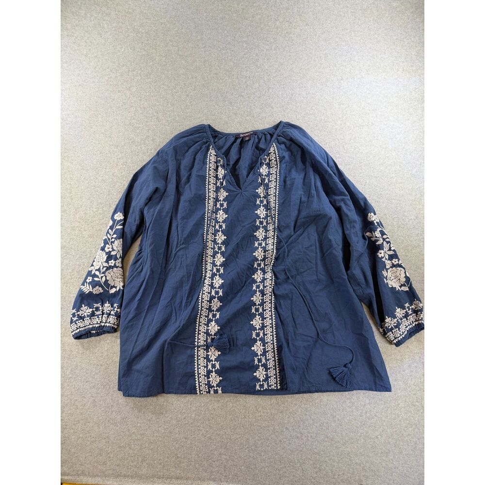 Roaman's Women's 14W Blue Embroidered Cotton Peasant Boho Tunic Top